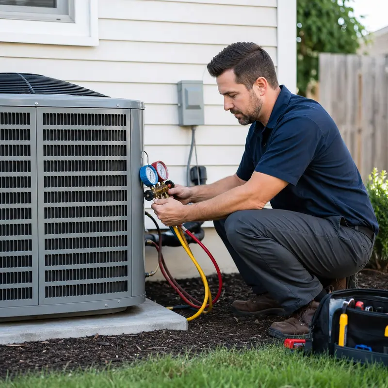 HVAC technician servicing an outdoor air conditioning unit